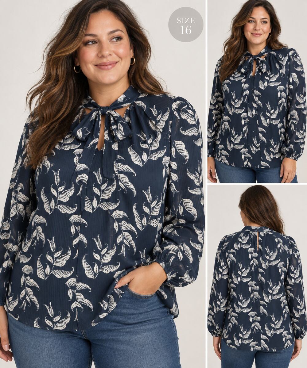 Lane Bryant Navy Leaf Print Tie-Neck Blouse Sz 16 Cutout Detail